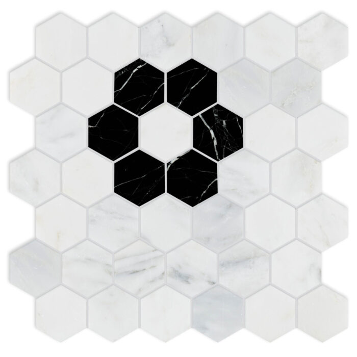 Dolomiti Blanc&Black Marble Mosaic Flower Hexagon 5 cm - Flower Hexagon 2"