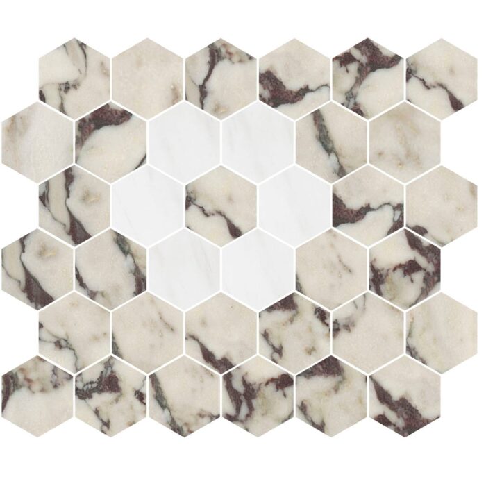 Calacatta Viola&Dolomiti Blanc Marble Mosaic Flower Hexagon 5 cm - Flower Hexagon 2"