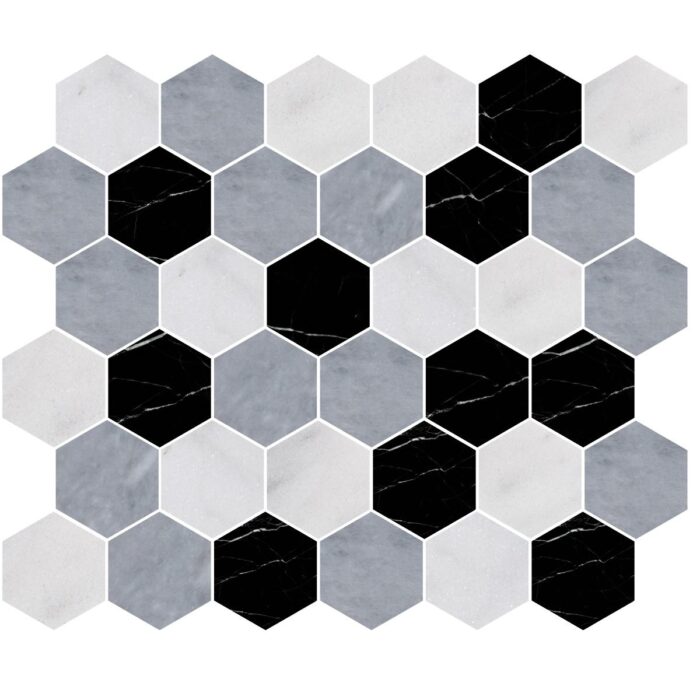 White Lux&Black&Ocean Blue Marble Mosaic Hexagon 5 cm – Hexagon 2″